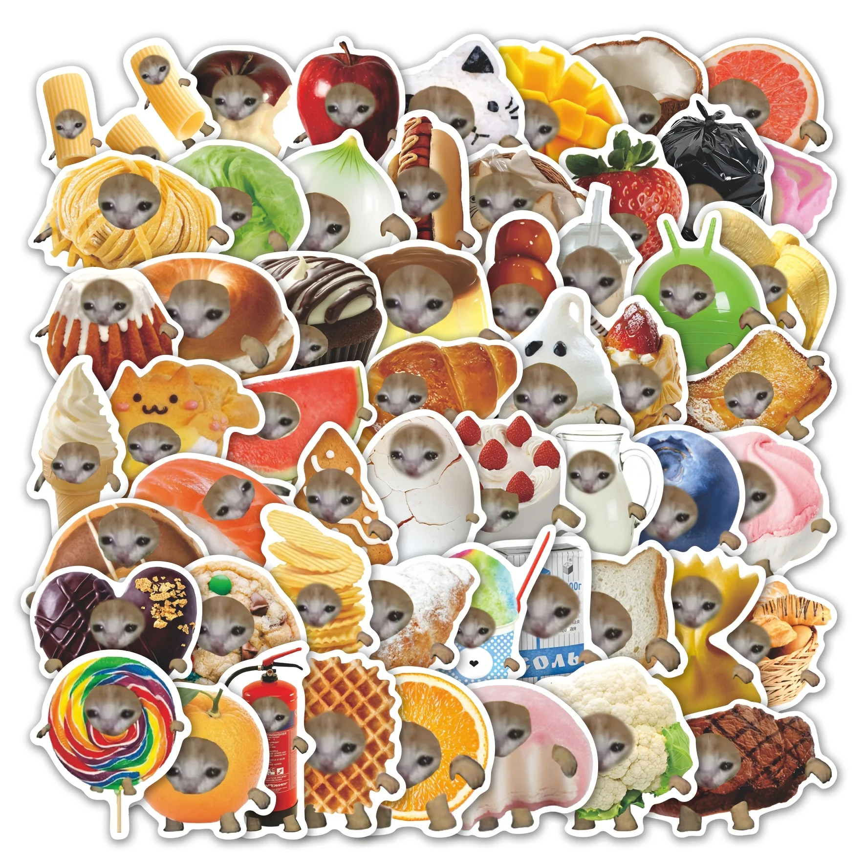 55pcs Funny Food & Pet Fun Style Stickers Pack | Whimsical Vinyl Decals with Cute Creature-in-Food Graphics | for Laptop, J