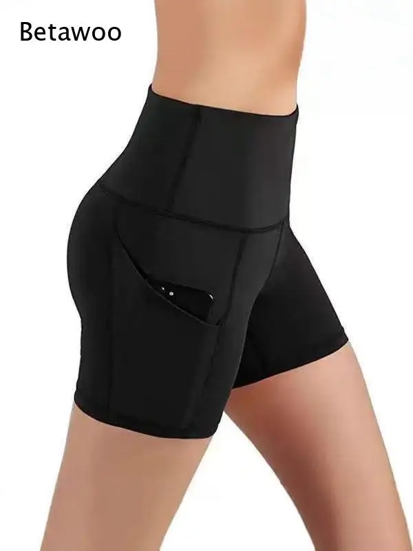 Women's High Waisted Tummy Control Workout Shorts with Side Pockets Stretchy Yoga Biker Shorts for Gym Running Fitness