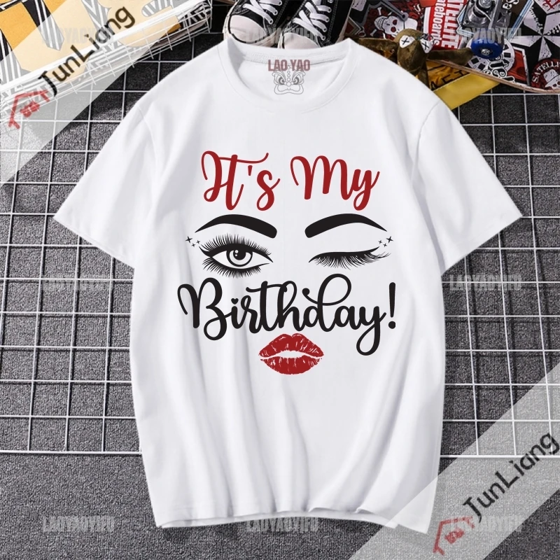 T's Its My Birthday Harajuku Fashion Woman Blouse 2023 Lips Kiss T-shirts Top Y2k Aesthetic Clothing Clothes for Women Goth Tops