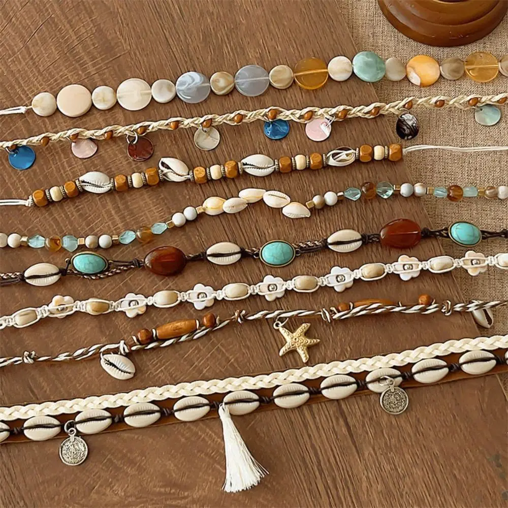 Fashion Bohemian Braided Belts Retro Ethnic Style Headband Small Flower Shell Beads Waist Chain Headband Accessories