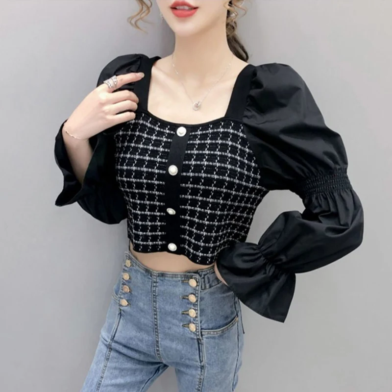 Vintage Square Neck Chic Sweet Ruffle Plaid Patchwork Long Sleeve Knitwear Women Spring Autumn Pullovers Blouse Top Clothing2023