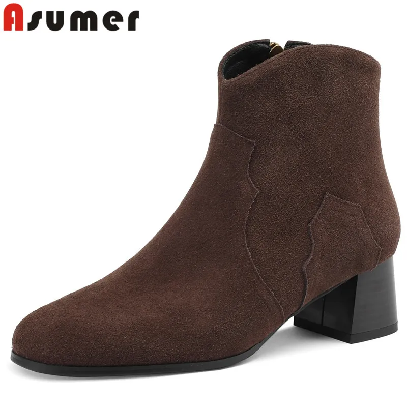 

ASUMER 2024 New Retro Cow Suede Leather Winter Boots Square Med Heels Ankle Shoes Women Ladies Zipper Dress Western Boots