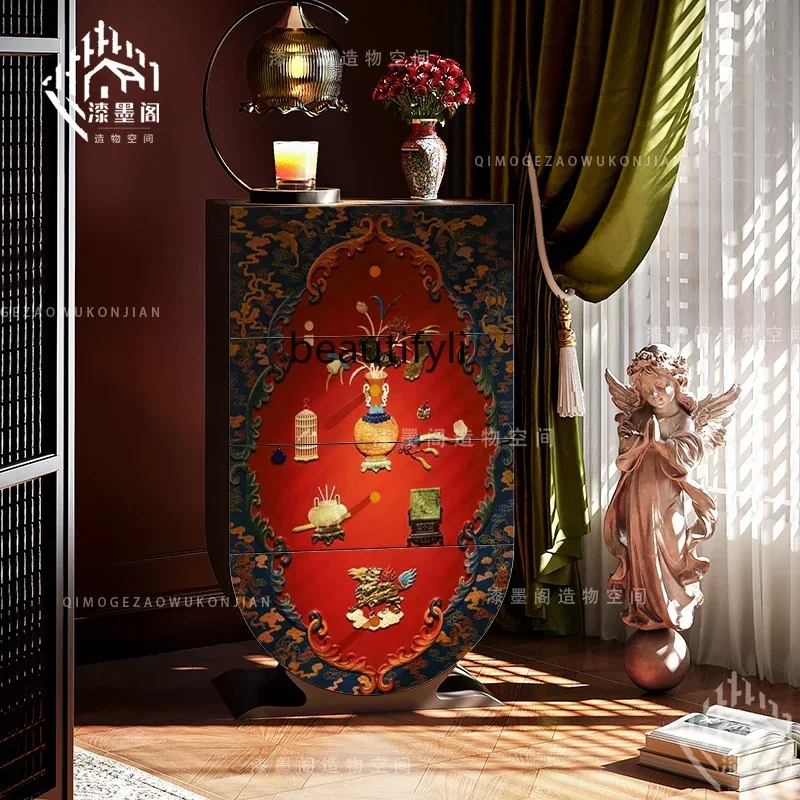 D178 French medieval style solid wood lacquer painting entrance decorative cabinet living room multi-functional storage cabinet