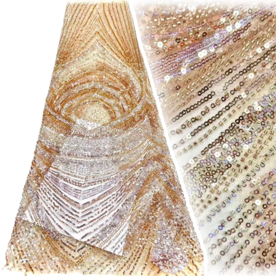 

Золотая роскошная африканская ткань с бисером и кружевом, новейшая французская ткань с пайетками для женских вечерних платьев и шитья нарядов 2026 года, модель 2559