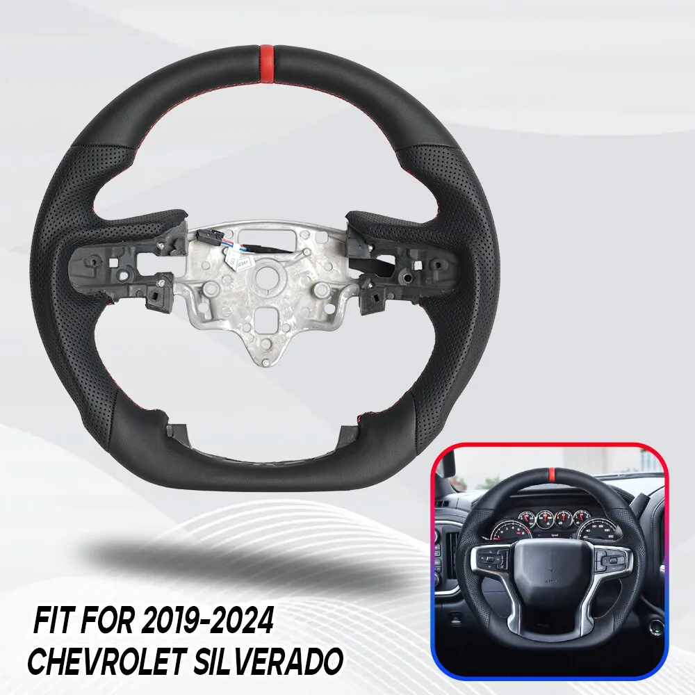 Heated Full Leather Steering Wheel Red Top Stripe Flat Bottom With Paddle Shifter Holes Fit For Chevrolet Silverado 1500 2500 3500 LT
