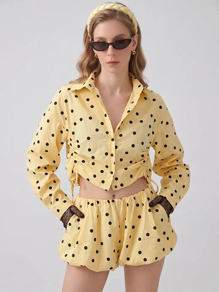 HH Damen Minimalistisches Langarm-Jacken-Set mit Ballonshorts und Polka Dots, 2-teiliges Casual-Büro-Arbeitskleidung Elegantes Urlaubs-Party-Outfit