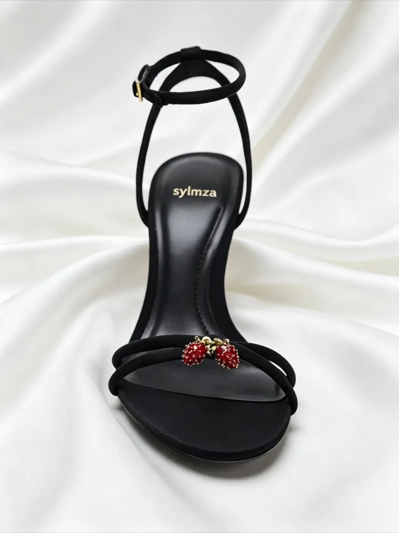 Luxury Crystal Strawberry Decorate High Heel Sandals Women Sexy Open Toe Cross Strap Designer Shoes Elegant Banquet Dress Shoes view 3