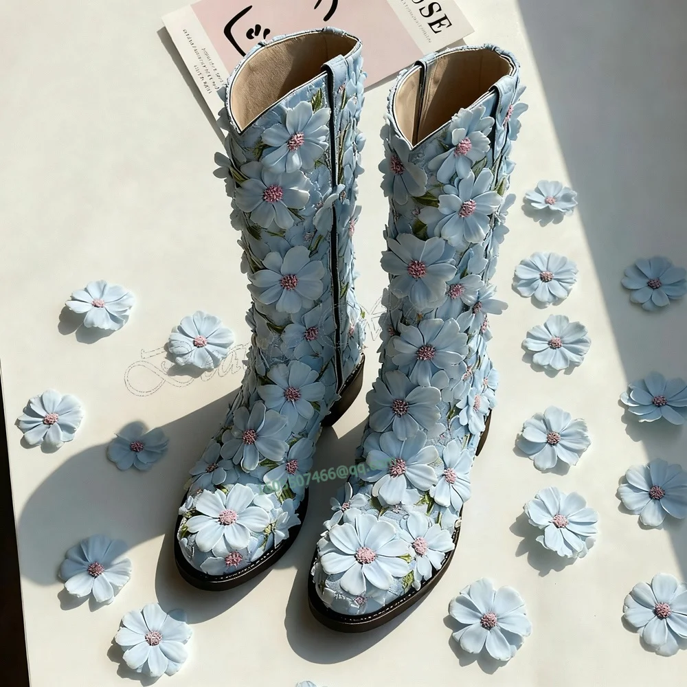 

Синие ботинки с шипами и цветочным узором, боковая молния до середины икры, туфли на квадратном каблуке с острым носком, женская обувь на каблуке, 2025 г., Zapatos Para Mujere