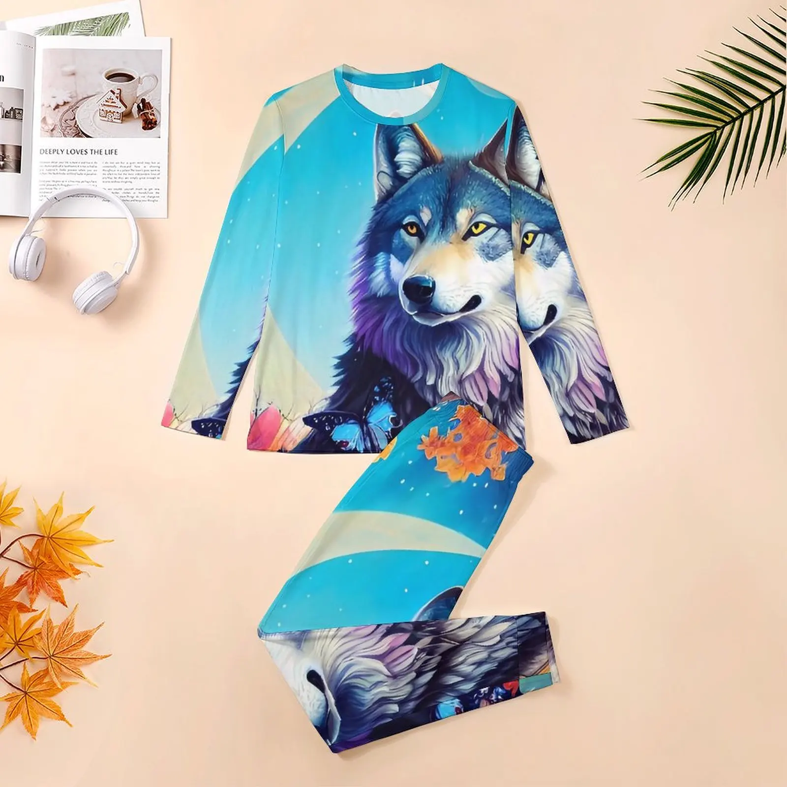 Wolf in Blooming Tree Pajamas Daily Flower Print Casual Nightwear Man Two Piece Custom Long-Sleeve Kawaii Oversized Pajama Sets