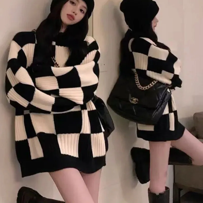 Checkered Sweater Women Harajuku Y2K Black White Plaid Pullover Sweater Long Sleeve Fashion Streetwear Winter Knitted Jumper