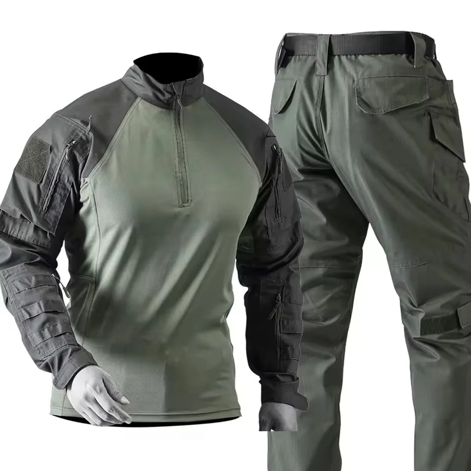 NEW Men Tactical Sets Autumn Breathable Quick-drying Training Tshirts+Multi-pocket Wear-resistant Cargo Pants 2 Pcs Suits