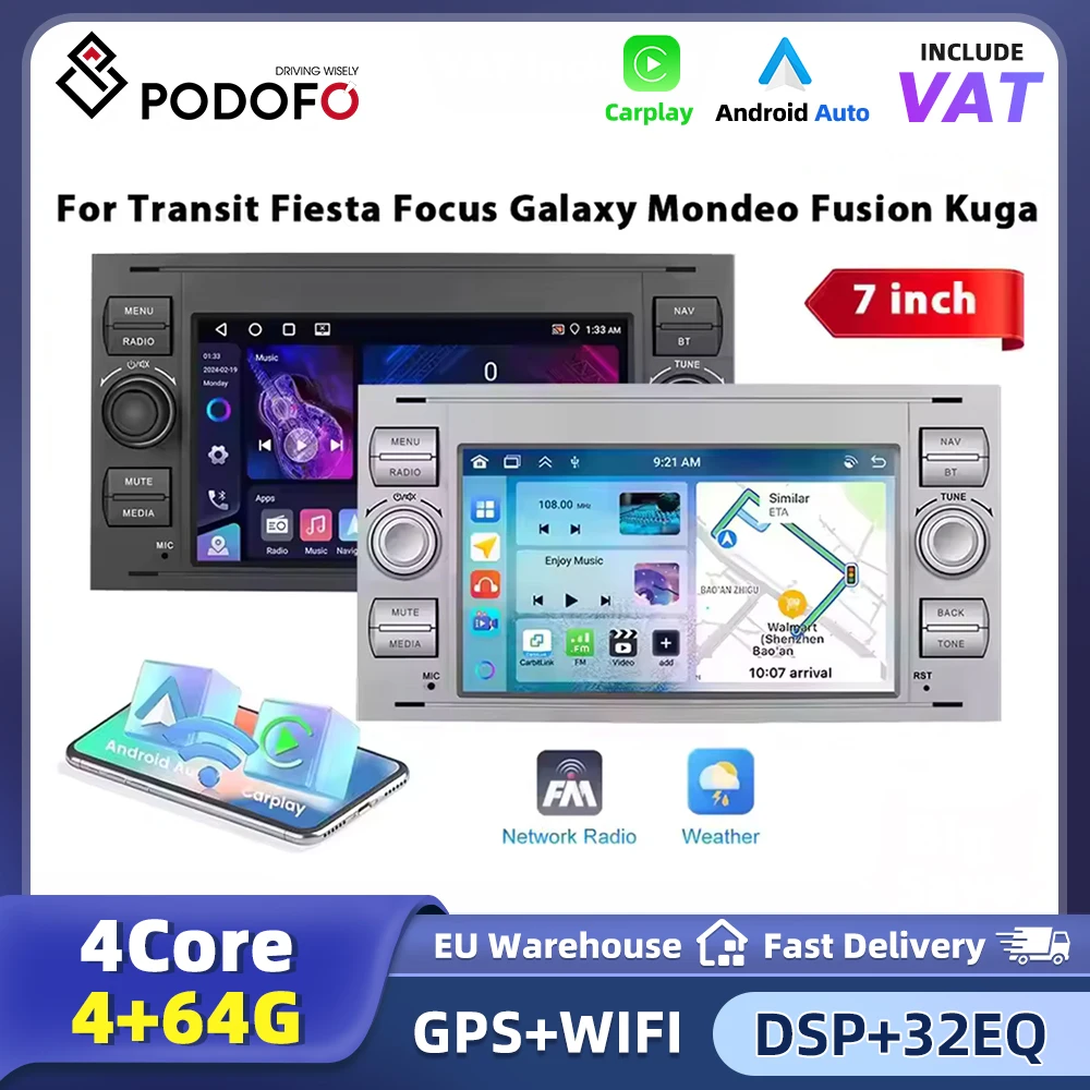 Autoradio Android Podofo 7 pouces avec Carplay, Android Auto, GPS, navigation pour Ford Focus Transit Fiesta Galaxy Mondeo Fusion Kuga C-Max, autoradio multifonctionnel