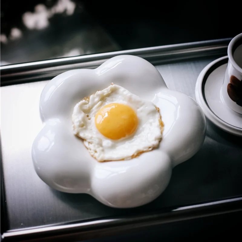 Ceramic White Cloud Plate Kitchen Breakfast Fried Egg Poached Set Desktop Storage Decoration