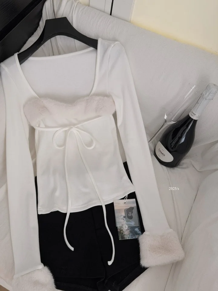 

mat Square Collar T-irt Women's Base Layer Fur Sve Underwear Polyester Fiber 2025 Winter Collection