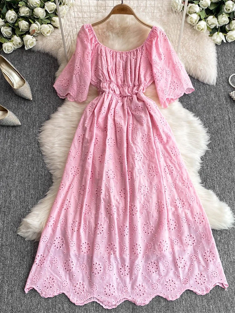 Koreanische Chic Sommer Neue Retro Kleid frauen Palace Stil Aushöhlen Stickerei Jacquard Taille Cinched Blase Hülse Kleid C11