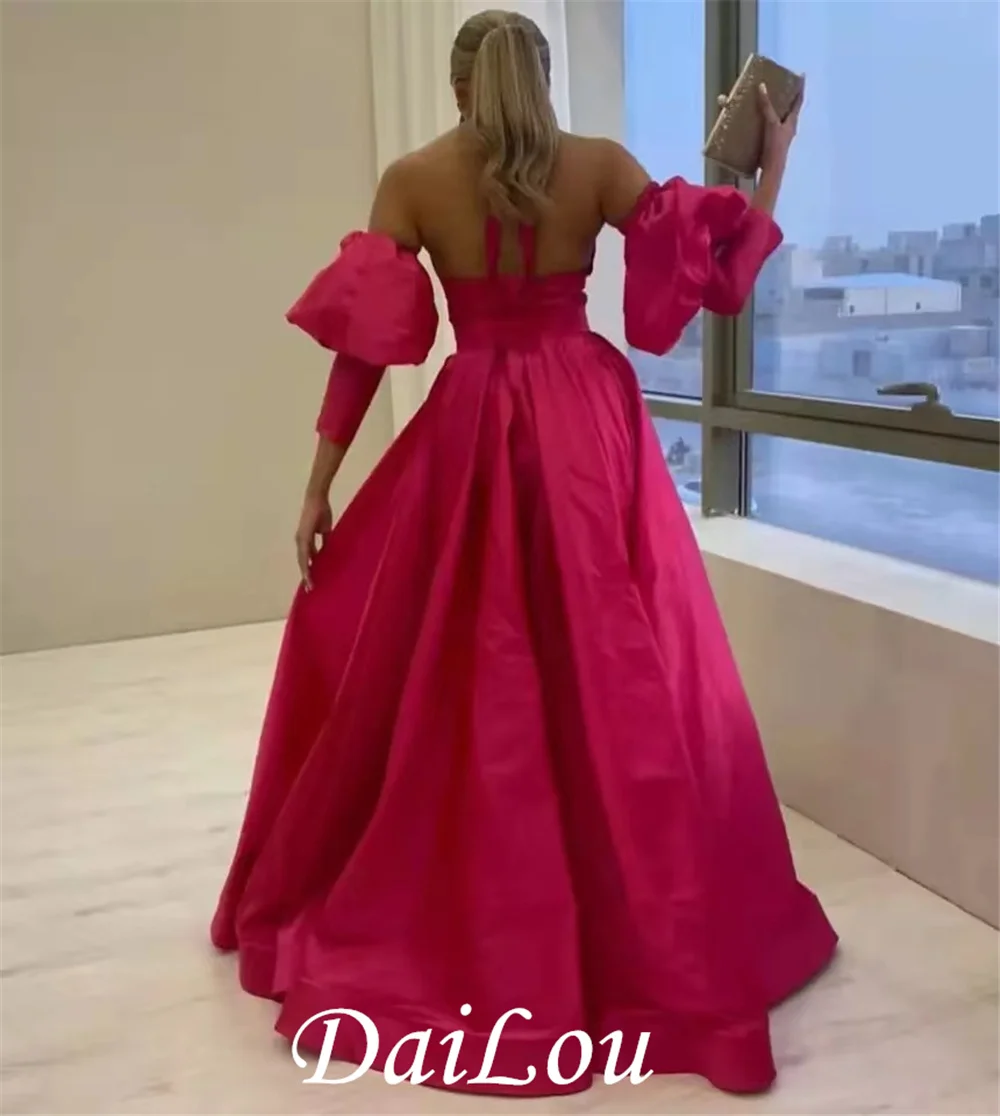 Dài Thanh Lịch Cổ Chữ V VÁY ĐẦM DẠ Taffeta Với Tay Áo Đầm Maxi Fuchsia فساتين السهرة Dây Kéo Lưng Dự Tiệc Trang Trọng Váy Đầm Cho Nữ