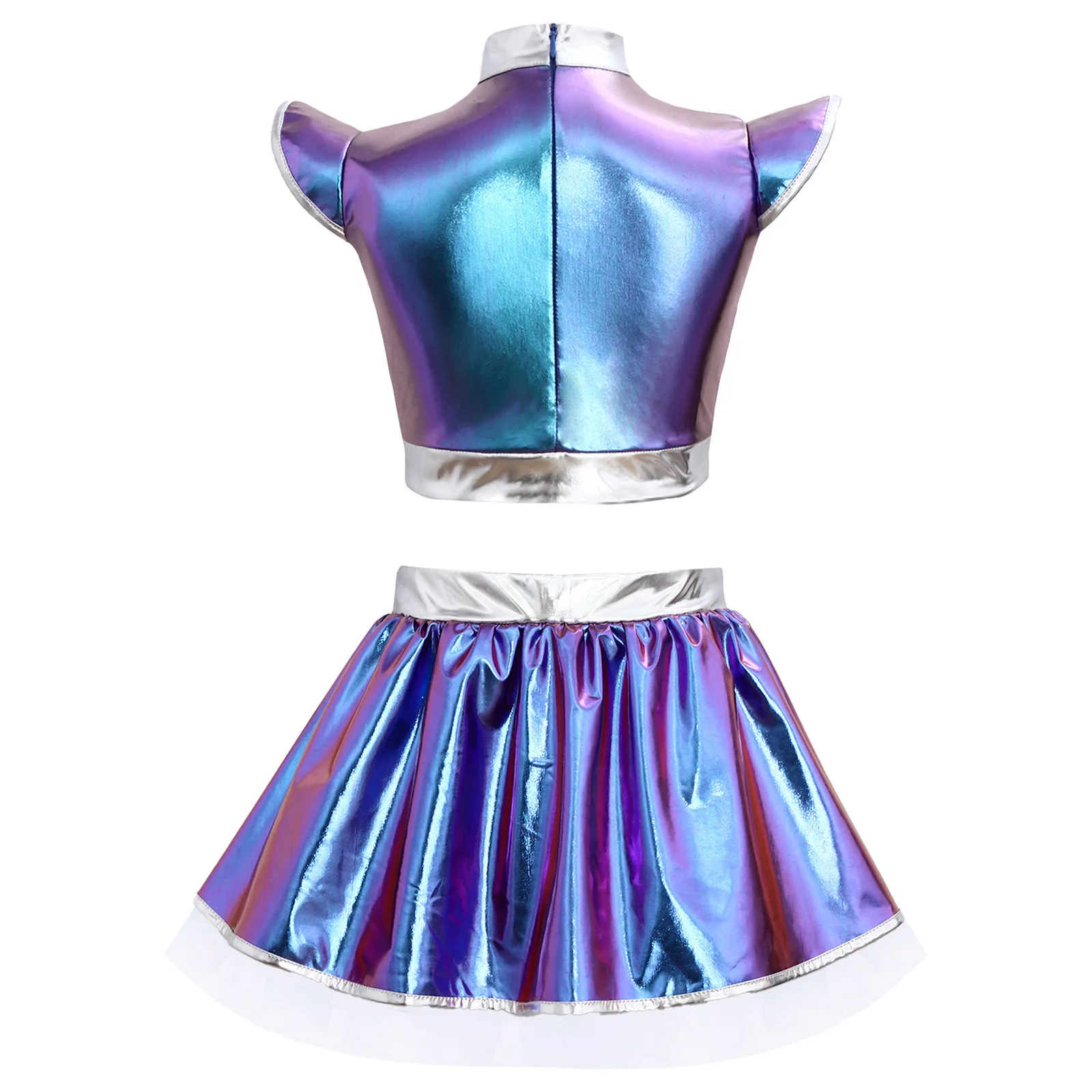 Mädchen-Cheerleader-Kostüm, Alien-Cosplay, Jazz-Hip-Hop-Cheerleading-Outfits, metallischer Reißverschluss hinten, bauchfreies Oberteil, mehrlagiger Rüschenrock – Detail 14