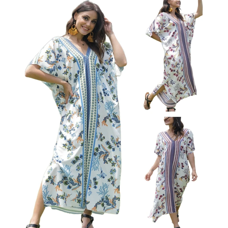 Women Sleeve Turkish Kaftan Boho Colorful Geometric Floral Printed V-Neck Swimsuit Cover Up Beach Maxi Dress