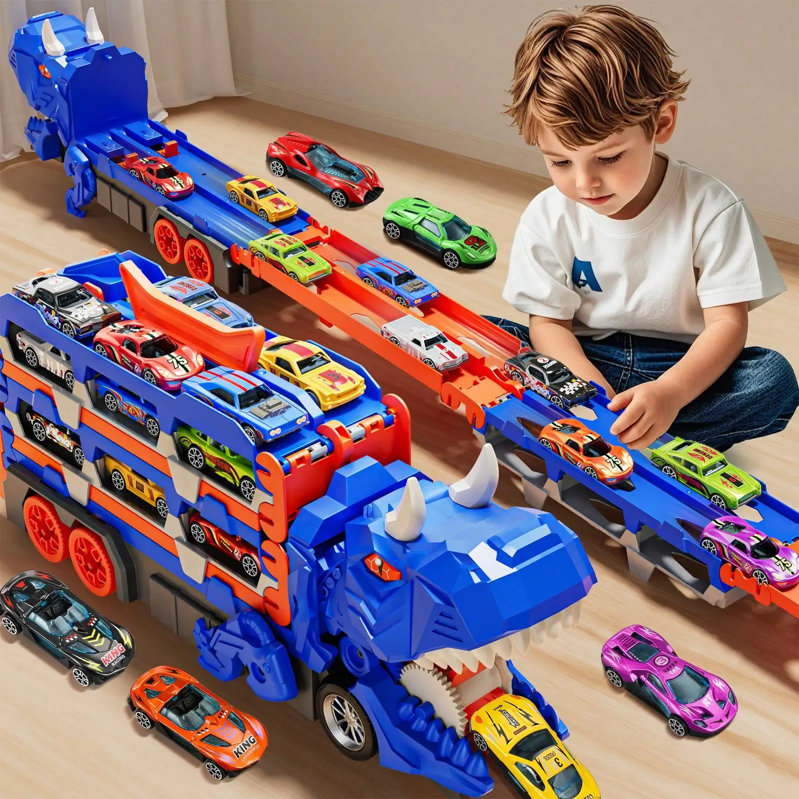 

Dinosaur Transport Truck Track Set With 12 Pcs Die-Cast Cars, Transforms Into Dino Toy Gift For Boys Kids Ages 3-6