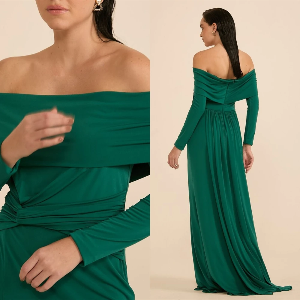 Gaun Malam Jersey Hijau Klasik Kustom Gaun Malam Gaun Selebriti Lengan Panjang Bahu Terbuka Lembut