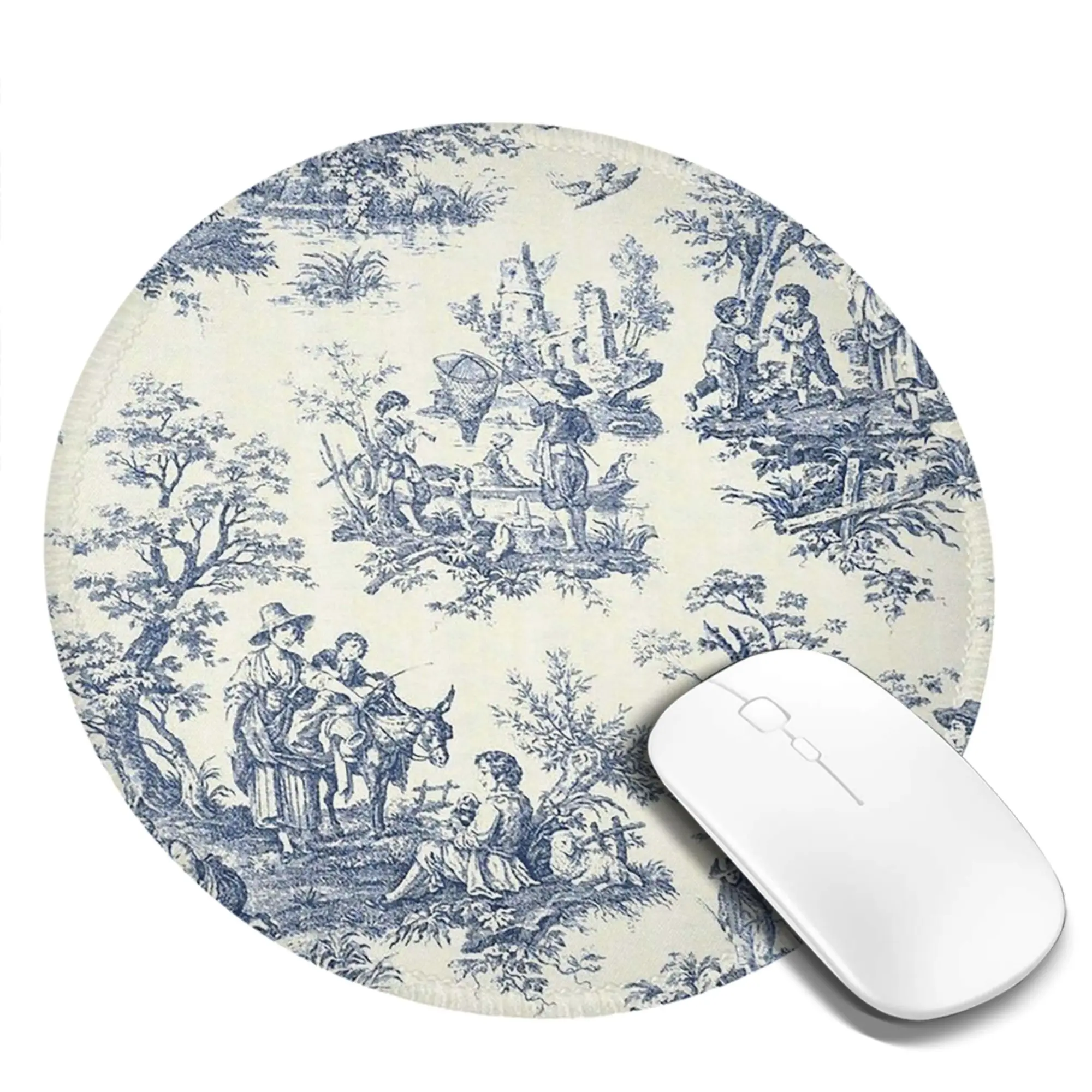 Powder Blue French Toile Picnic Mouse Pad Computer Keyboard Mouse Mat Gaming PC Laptop Desk Mat Office Accessories Table Mats