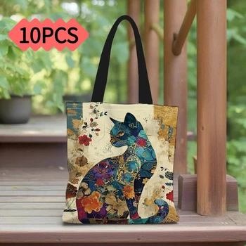 1/5/10pcs Floral Cat Pattern Tote Bag, Aesthetic Canvas School Shoulder Bag, Lightweight…
