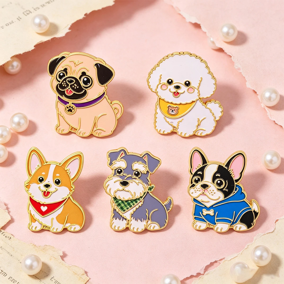 5pcs Cute Dog Enamel Pin Cartoon Bulldog Brooch For Coat Women's Brooches Collar Lapel Pins Metal Badges Jewelry Pet Lover Gifts