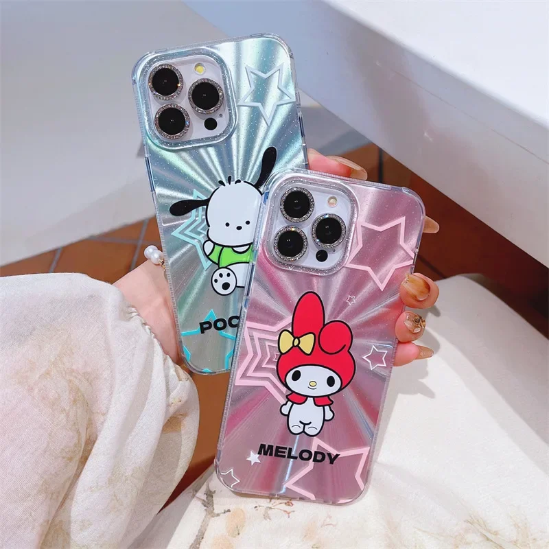 Sanrio Cute Cartoon My Melody Pochacco Phone Case Anime Kawaii Aurora Glitter Soft Protection Case for iPhone 13 14 15 Pro Max