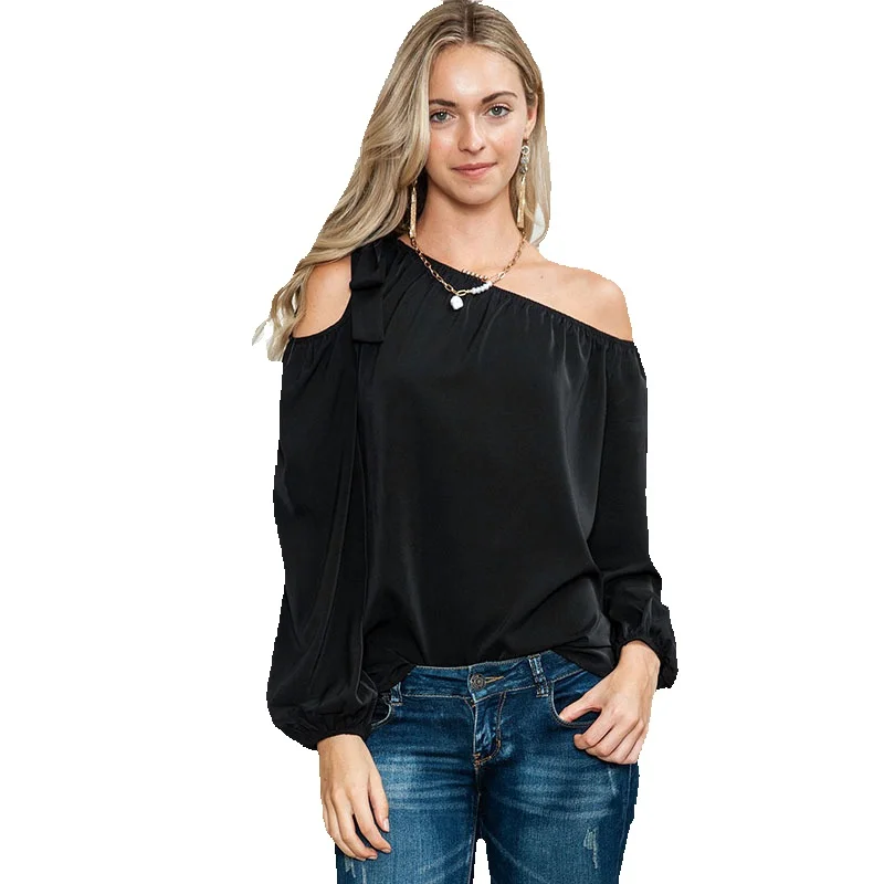 

Thin Solid Color Tie Asymmetric Off Shoulder Long Sleeved Top For Women's Autumn New Slim Fit And Slimming Sweater Women