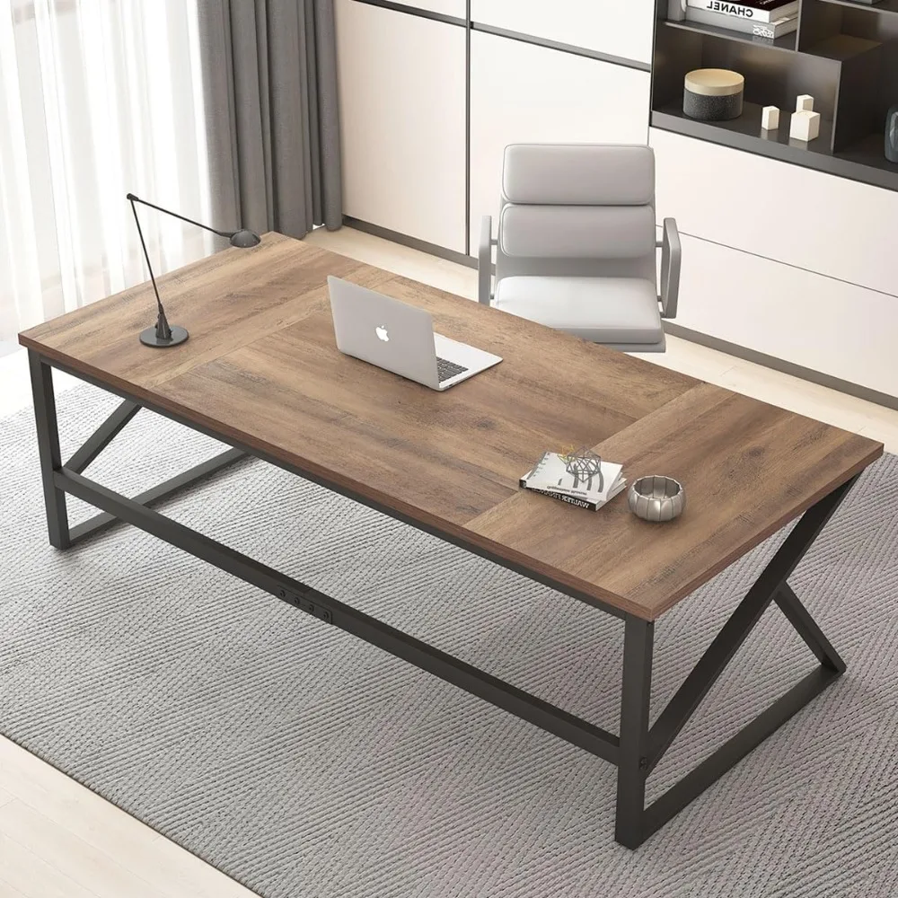 

Large Home Office Desk, Modern Wood Metal Computer Desk for Two Person, Extra Long Executive Writing Study Gaming Double