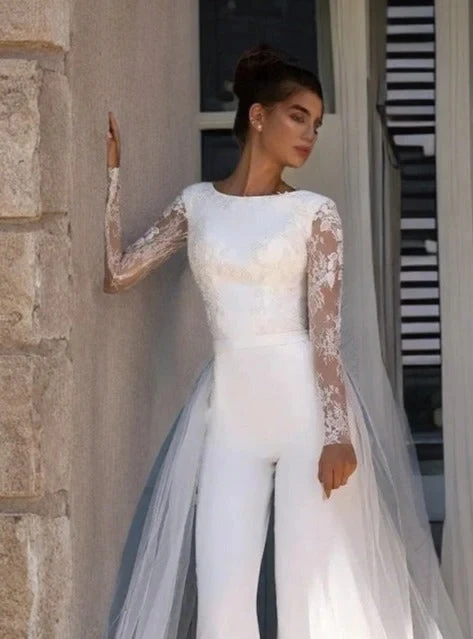 Lace Wedding Jumpsuit Wedding Dresses A-line Long Sleeves Tulle Boho Wedding Gown Bridal Jumpsuit Vestidos De Novia