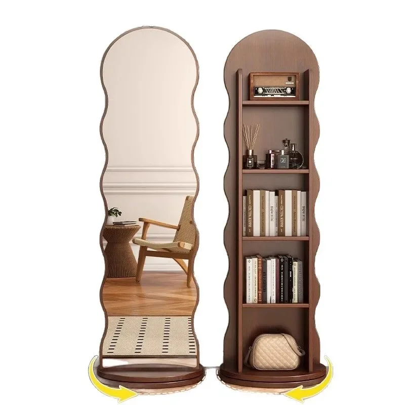 Full-length mirror vertical movable full-body floor mirror household magazine bookshelf rotating storage