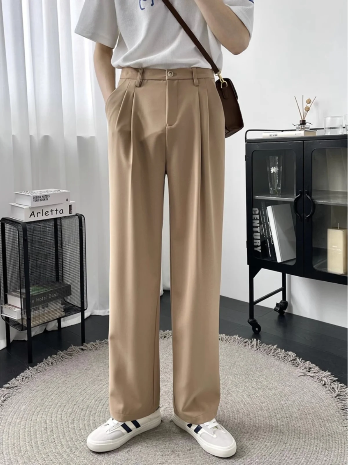 

Korean Sle Men's Suit Pants Casual Drapey Long Trousers Khaki Straight Leg No Ironing Loose Wide Leg Quali West Pants