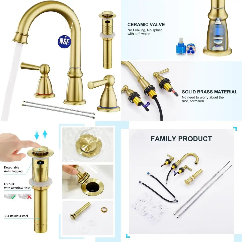 

8 3-Hole Brushed Gold Bathroom Sink Faucet with Pop-Up Drain and 2 Handles for Vanity, Lavatory, and Bath Sinks
