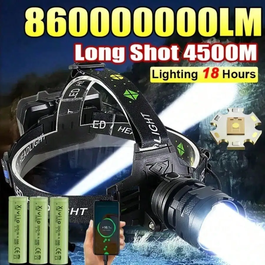 Ultra High Power LED Headlamp, Super Bright Long Range 4500M Head Flashlight, Rechargeable Aluminum Alloy Waterproof Head Lantern Camping, Caving, Night Rescue, Heavy Duty Searchlight With Adjustable Focus, Essential Gear