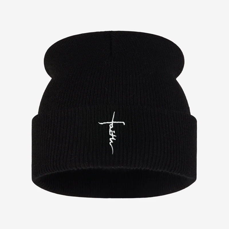 Minimalist Faith Cross Embroidery Beanie, Trendy Cuffed Winter Knit Hat, Unisex Religious Cap, Prayer Church Holiday Gift