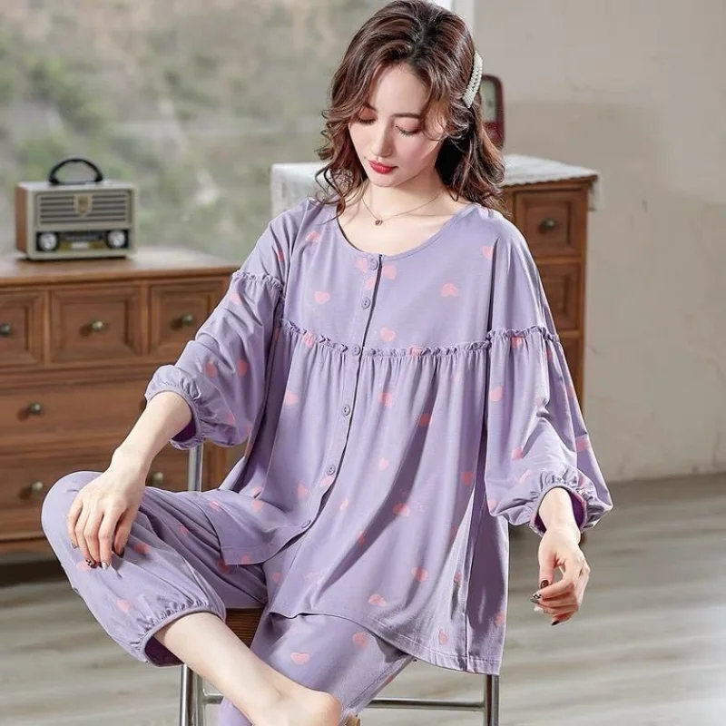 2024 Spring Autumn New Pajamas Women Pure Cotton Thin Seven-point Sleeve Round Neck Cardigan Sweet Lovely Loose Home Clothes