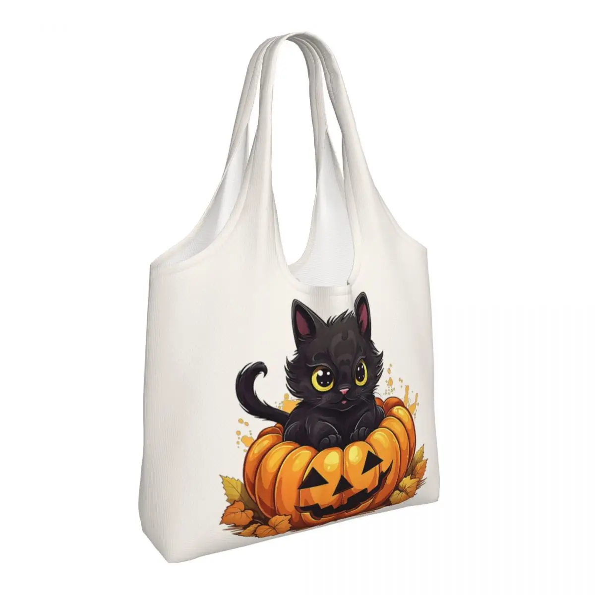 Adorable Halloween Kitty Funny Halloween Print Cotton Tote Bag - Casual Commuter Shoulder Bag for Grocery Shopping