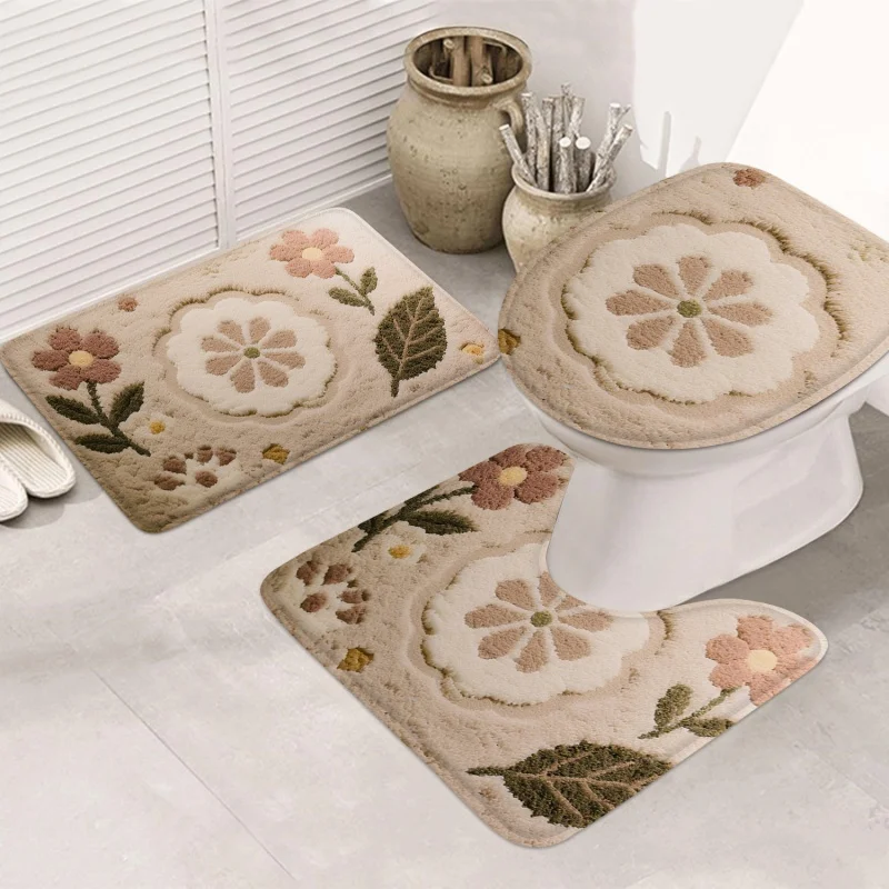 K-Style Bathroom Set 3PCS: Absorbent U-Shaped Flannel for Toilet Lid & Door with Anti-Slip Back