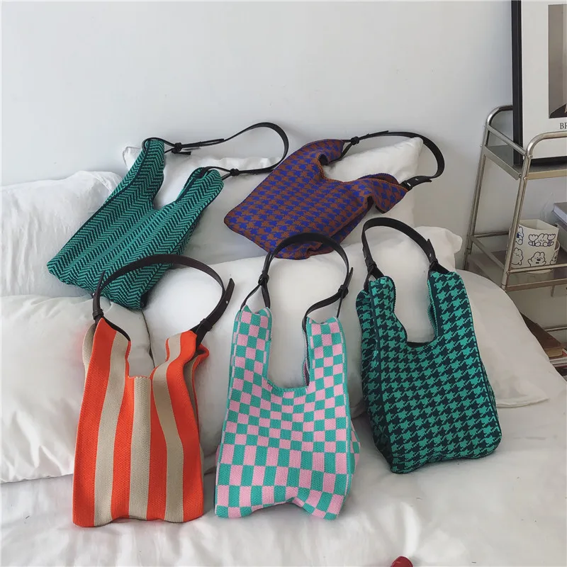 

Japanese Style Knitted Checkerboard Knitting Shoulder Bag for Women 2022 Large Capacity Woven Shopping Tote Female Underarm Bag