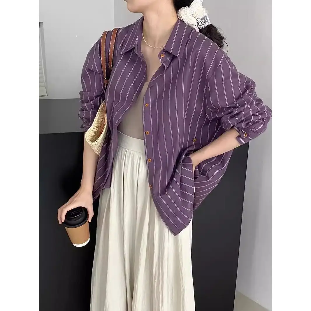 

Summer Casual Korean Fashion Loose Buttons Single Breasted Striped Short Sleeve Elegant Dignified Intellectual Generous Sven For
