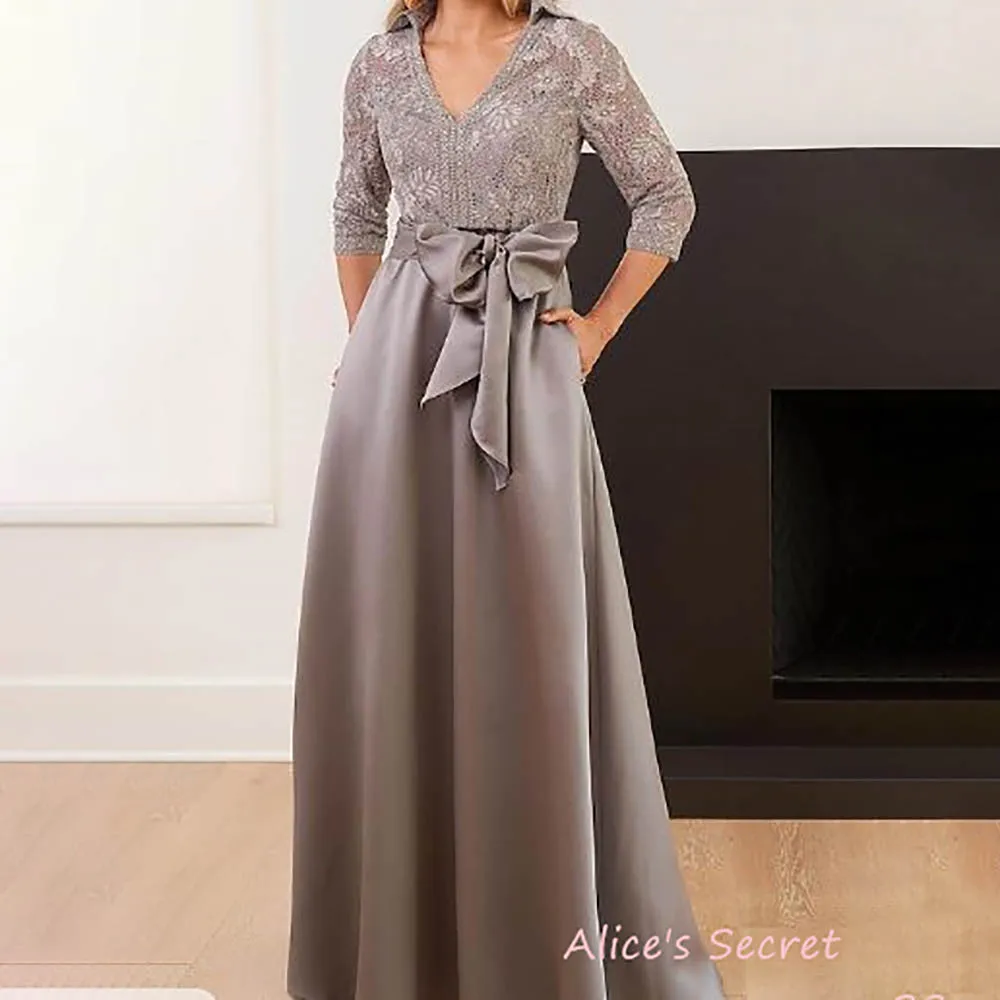 

A-Line Mother of the Bride Dress Wedding Guest Satin Lace Sequined 3/4 Length Sleeve Ribbon Bow Sequined Floor Length