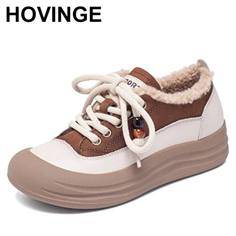 

New Top Cowhide Lace-up Winter Sneakers Warm Shoes Flat Thick Sole Elevator Shoes Women Sneakers Trendy Snow Shoes