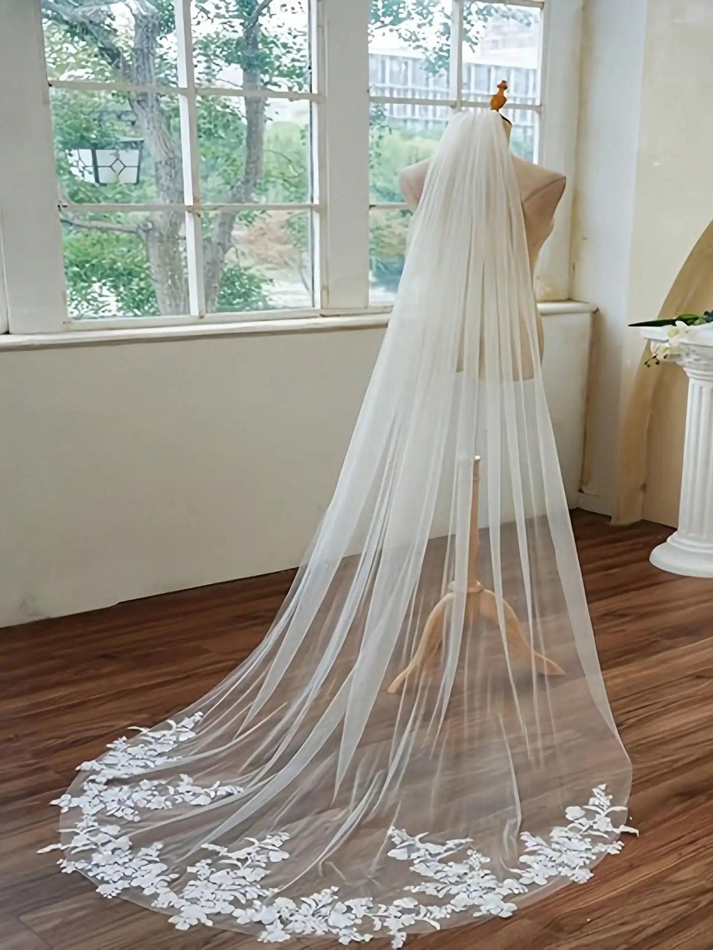 1 piece of 230cm(90.55in) white bridal wedding veil, ultra-fairy forest style, long trail, lace-trimmed veil, headpiece