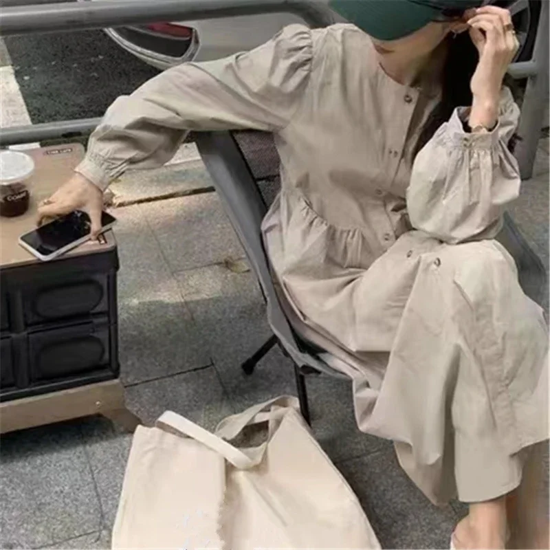 REALEFT Autumn Winter Single Breasted Women's Shirt Dresses 2025 New High Waist Long Sleeve Elegant Korean Dress Pockets Female