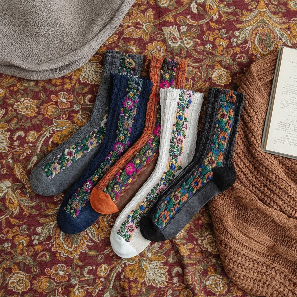 

5 пар винтажных носков с цветочной вышивкой в стиле Харадзюку, впитывающие пот носки в этническом стиле, кавайные чулочно-носочные изделия для девочек с цветами, четыре сезона