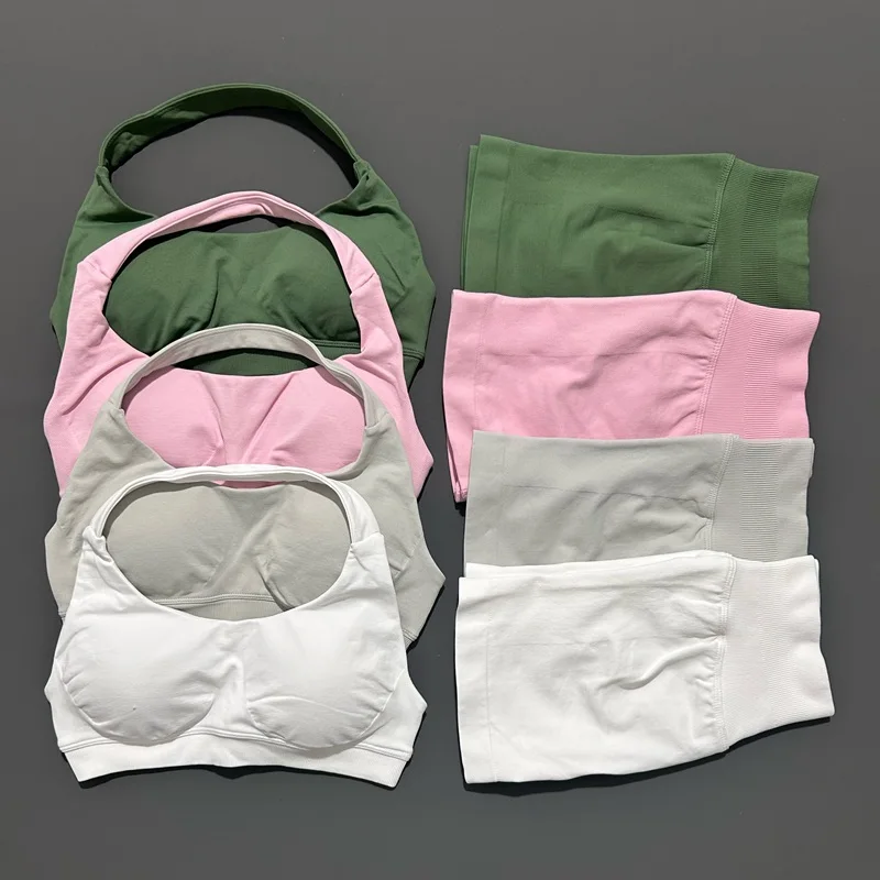 

HISTELLO No Logo 2 Pieces Impact Sports Set Strappy Sports Bras Shorts Yoga High Stretch Women Workout Sportswear Gym Sets