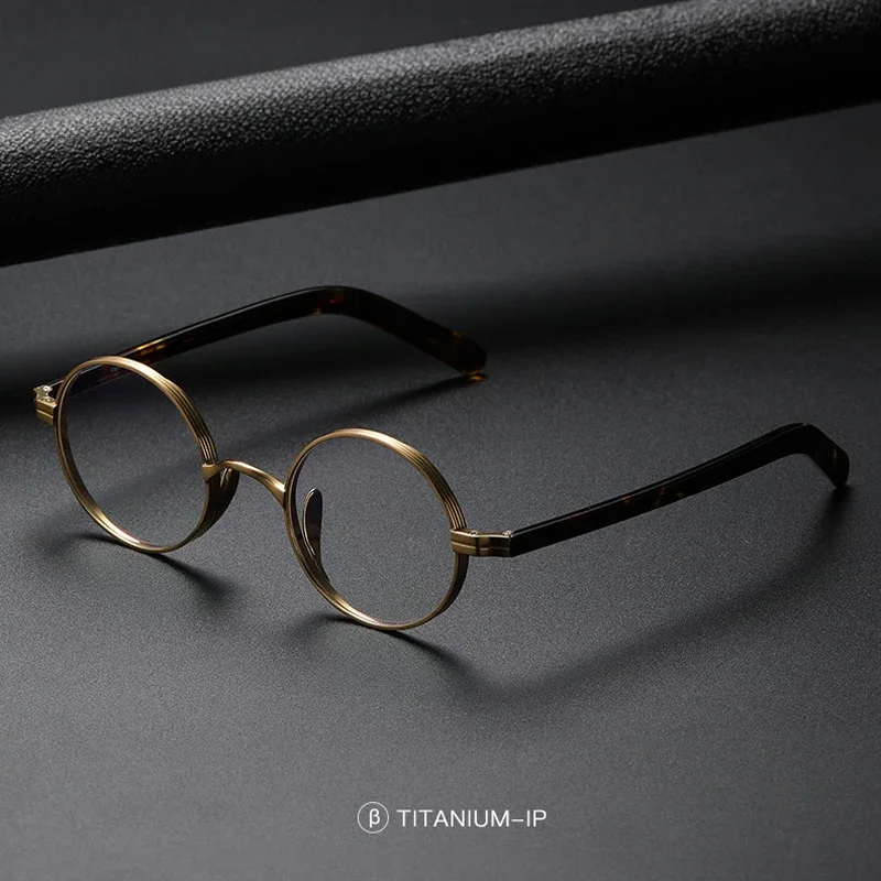 Luxury Design Men Handmade IP Titanium Round Frame Acetate Arms Glasses Women Vintage Optical Myopia Eyeglasses Frame