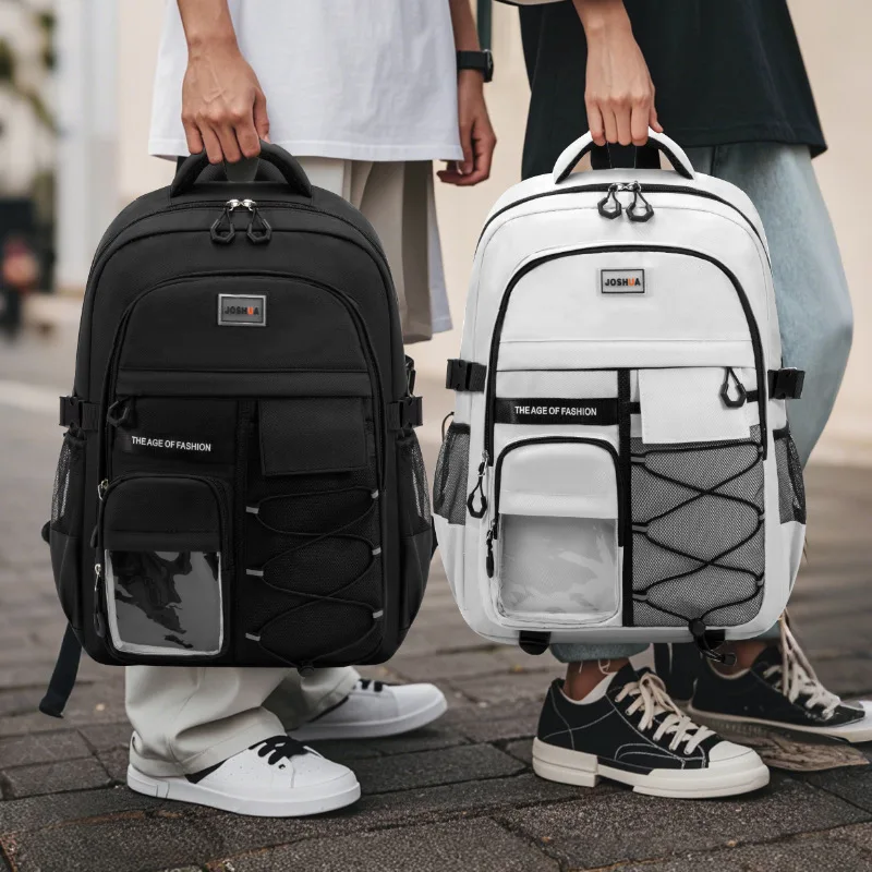1pcs  Polyester Student Backpack Wide Padded Strap Multi Zipper Compartments Clear Front Pocket Daily School Shoulder Bag