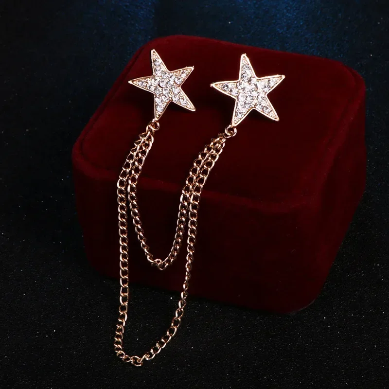 Exquisite Zircon Double Five-pointed Star Chain Brooch Men's and Women's Suit Dress Badge Pin Fashion Business Party Jewelry